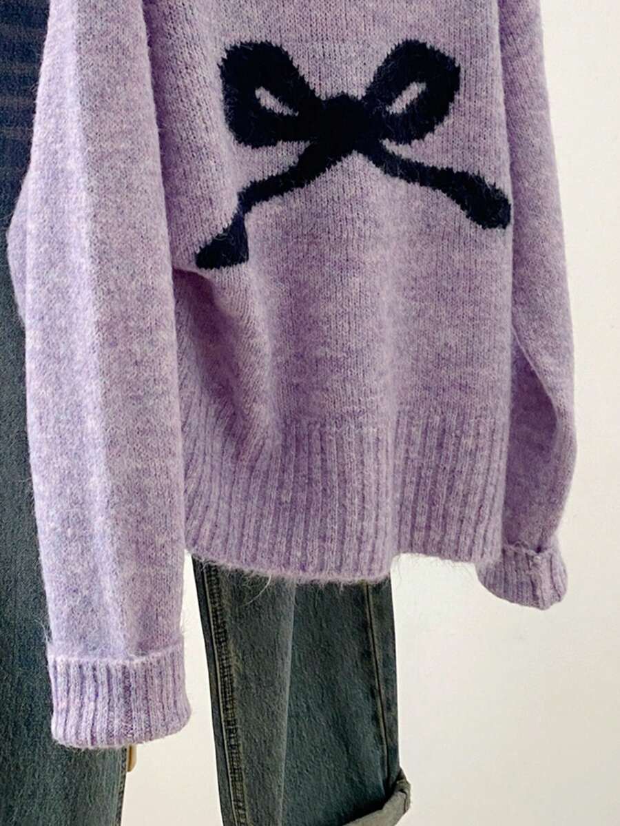 Bow Knit Pullover Sweater, Ribbed Crew Neck Cute Sweater For Women, Autumn
