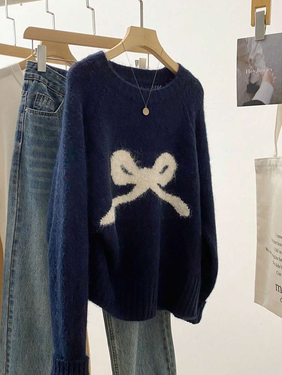 Bow Knit Pullover Sweater, Ribbed Crew Neck Cute Sweater For Women, Autumn