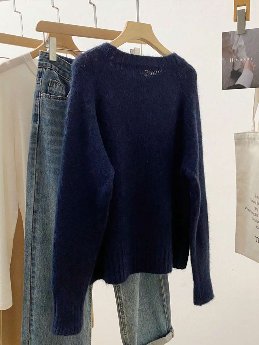 Bow Knit Pullover Sweater, Ribbed Crew Neck Cute Sweater For Women, Autumn