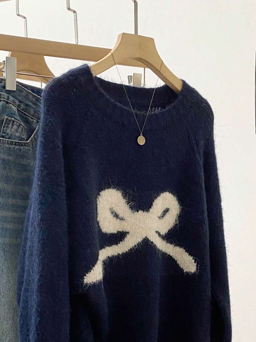 Bow Knit Pullover Sweater, Ribbed Crew Neck Cute Sweater For Women, Autumn