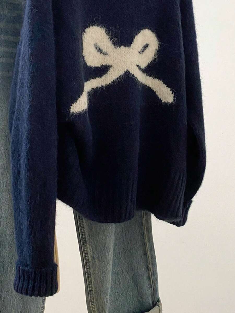 Bow Knit Pullover Sweater, Ribbed Crew Neck Cute Sweater For Women, Autumn