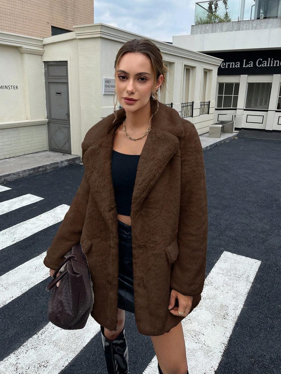 RELISH NOLESS Women's Faux Fur Collar Single-Breasted Jacket, Autumn/Winter
