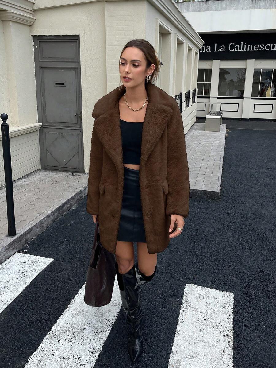 RELISH NOLESS Women's Faux Fur Collar Single-Breasted Jacket, Autumn/Winter