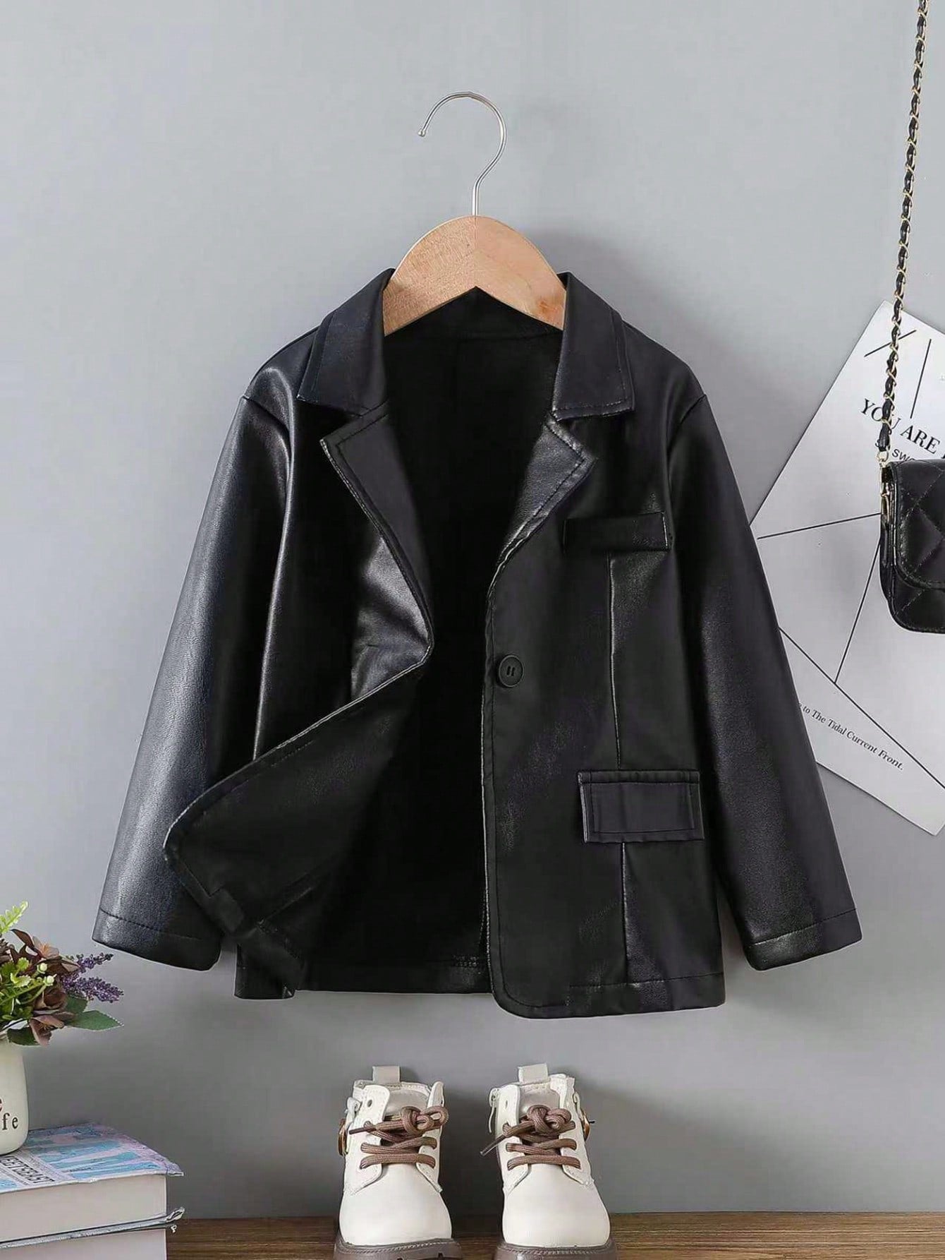 4-7 Years Old Girls Autumn New Jacket, Lapel Fake Pocket PU Leather Long Sleeve Cool Jacket Coat, Suitable For Outings, Parties, And Daily Wear