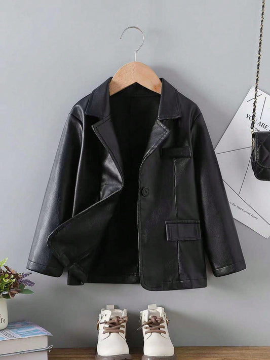 4-7 Years Old Girls Autumn New Jacket, Lapel Fake Pocket PU Leather Long Sleeve Cool Jacket Coat, Suitable For Outings, Parties, And Daily Wear