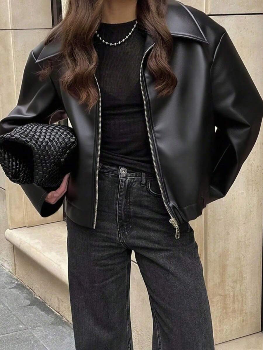 1pc Women's Solid Color Fashionable Loose Matte Leather Jacket Coat, Autumn/Winter