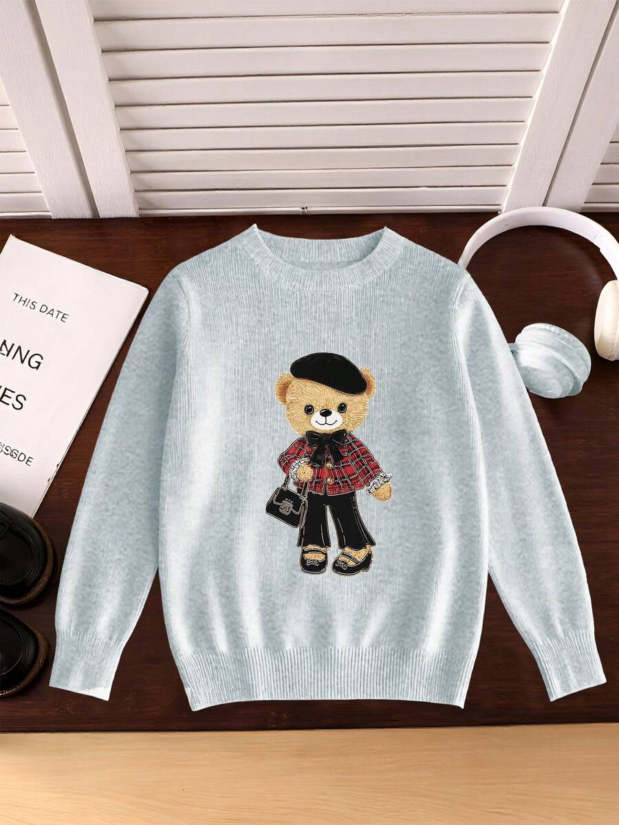 1pc Girls Casual Vintage Leopard Print Bow Graphic Long Sleeve Sweater, Suitable For Autumn/Winter Everyday Indoor