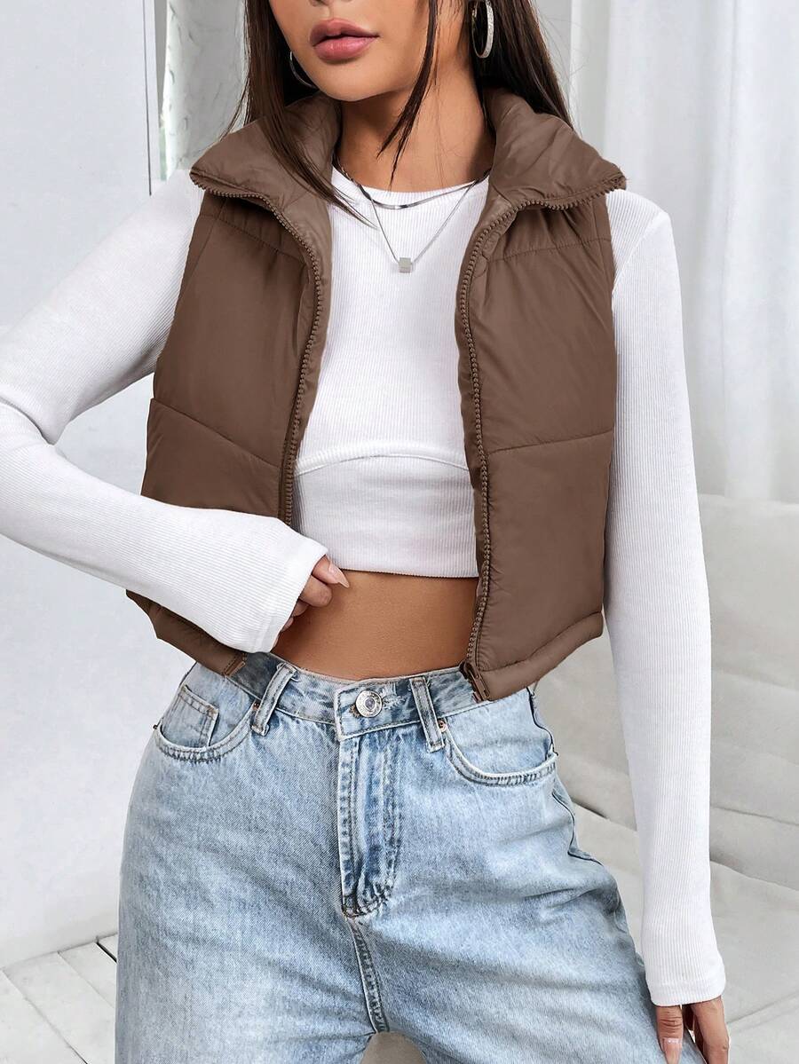 PETITE Short Solid Color Stand Collar Sleeveless Padded Coat, Ladies Late Fall Casual Zipper Collar Regular Fit Khaki Plain Women Padded Coats, Winter Warmth/ Winter Fashion