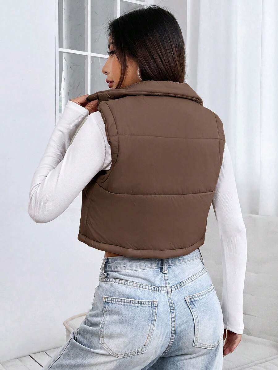 PETITE Short Solid Color Stand Collar Sleeveless Padded Coat, Ladies Late Fall Casual Zipper Collar Regular Fit Khaki Plain Women Padded Coats, Winter Warmth/ Winter Fashion