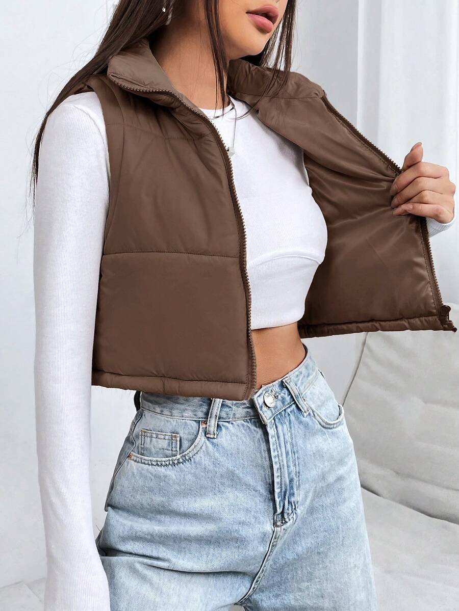 PETITE Short Solid Color Stand Collar Sleeveless Padded Coat, Ladies Late Fall Casual Zipper Collar Regular Fit Khaki Plain Women Padded Coats, Winter Warmth/ Winter Fashion