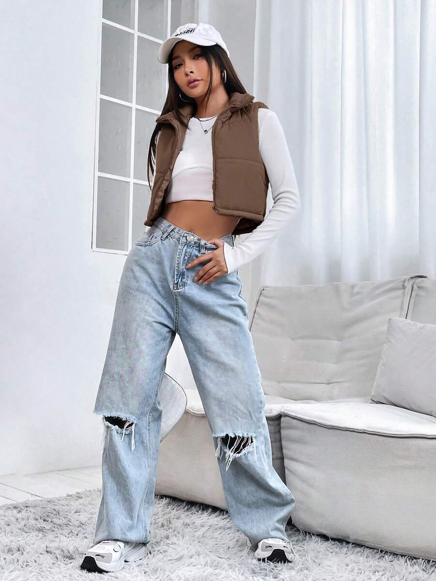 PETITE Short Solid Color Stand Collar Sleeveless Padded Coat, Ladies Late Fall Casual Zipper Collar Regular Fit Khaki Plain Women Padded Coats, Winter Warmth/ Winter Fashion