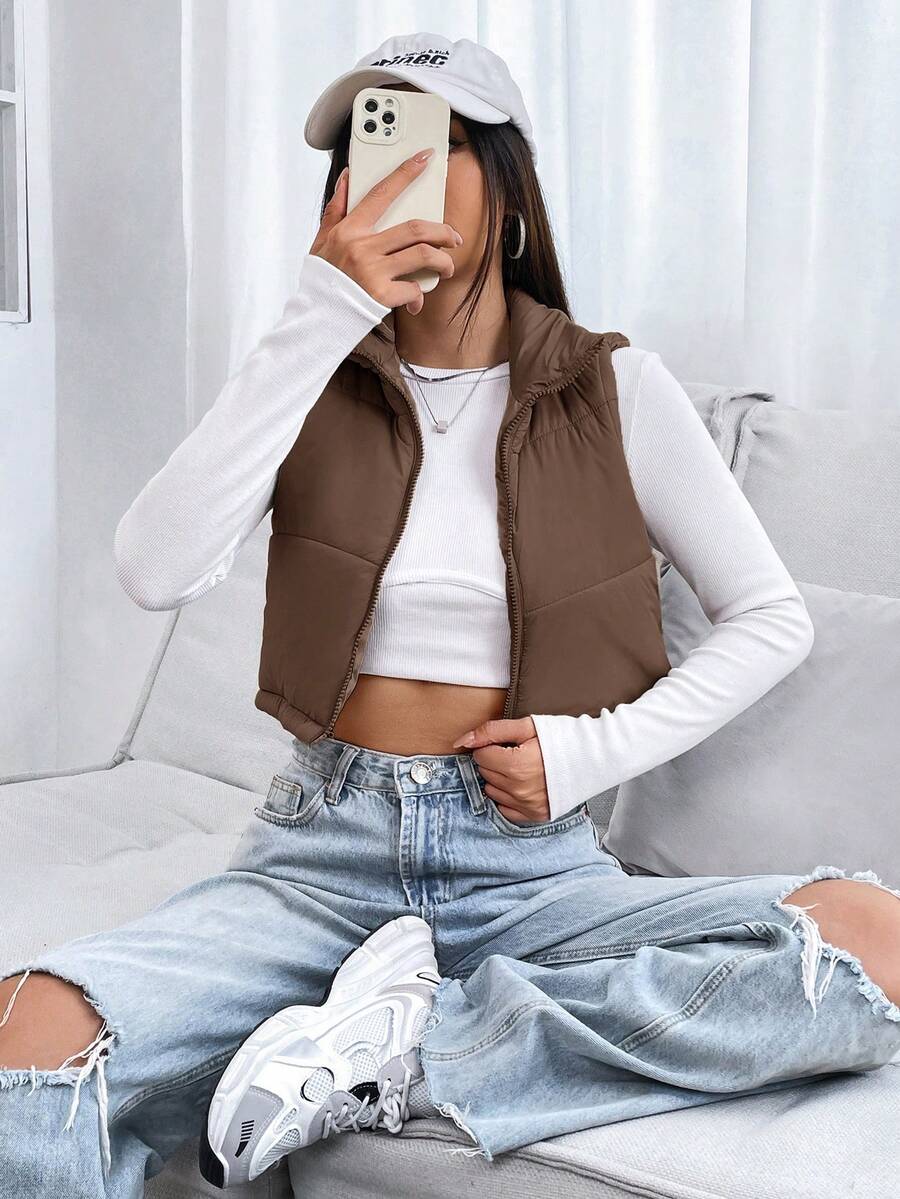 PETITE Short Solid Color Stand Collar Sleeveless Padded Coat, Ladies Late Fall Casual Zipper Collar Regular Fit Khaki Plain Women Padded Coats, Winter Warmth/ Winter Fashion