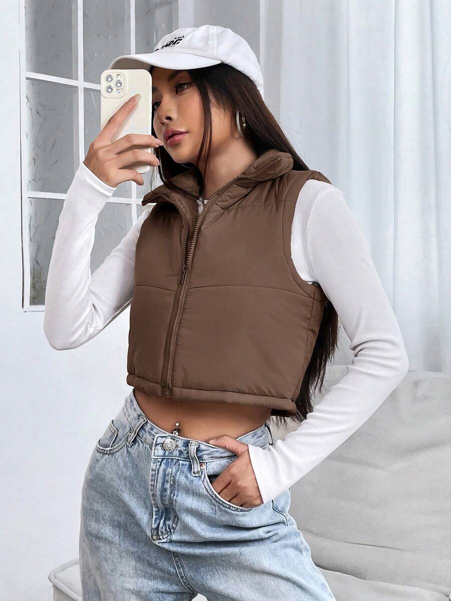 PETITE Short Solid Color Stand Collar Sleeveless Padded Coat, Ladies Late Fall Casual Zipper Collar Regular Fit Khaki Plain Women Padded Coats, Winter Warmth/ Winter Fashion