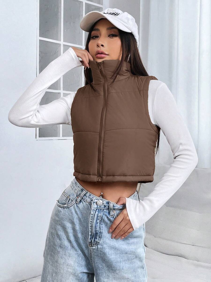 PETITE Short Solid Color Stand Collar Sleeveless Padded Coat, Ladies Late Fall Casual Zipper Collar Regular Fit Khaki Plain Women Padded Coats, Winter Warmth/ Winter Fashion