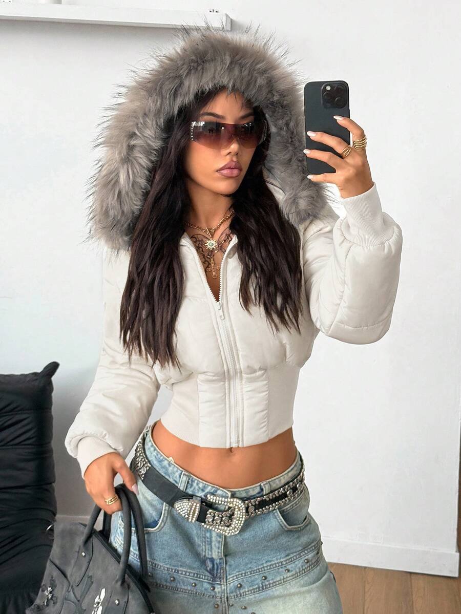 Coolane Women's Winter RETRO PUNK Hippie Grunge  Streetwear  Vintage Tree Branch Pattern Warm/ Cold Weather/ Thermal Padded Fuzzy Neck Zip Up Quilted Coat Cropped Puffer Jacket Faux Fur Trimmed Jacket Camo Jacket