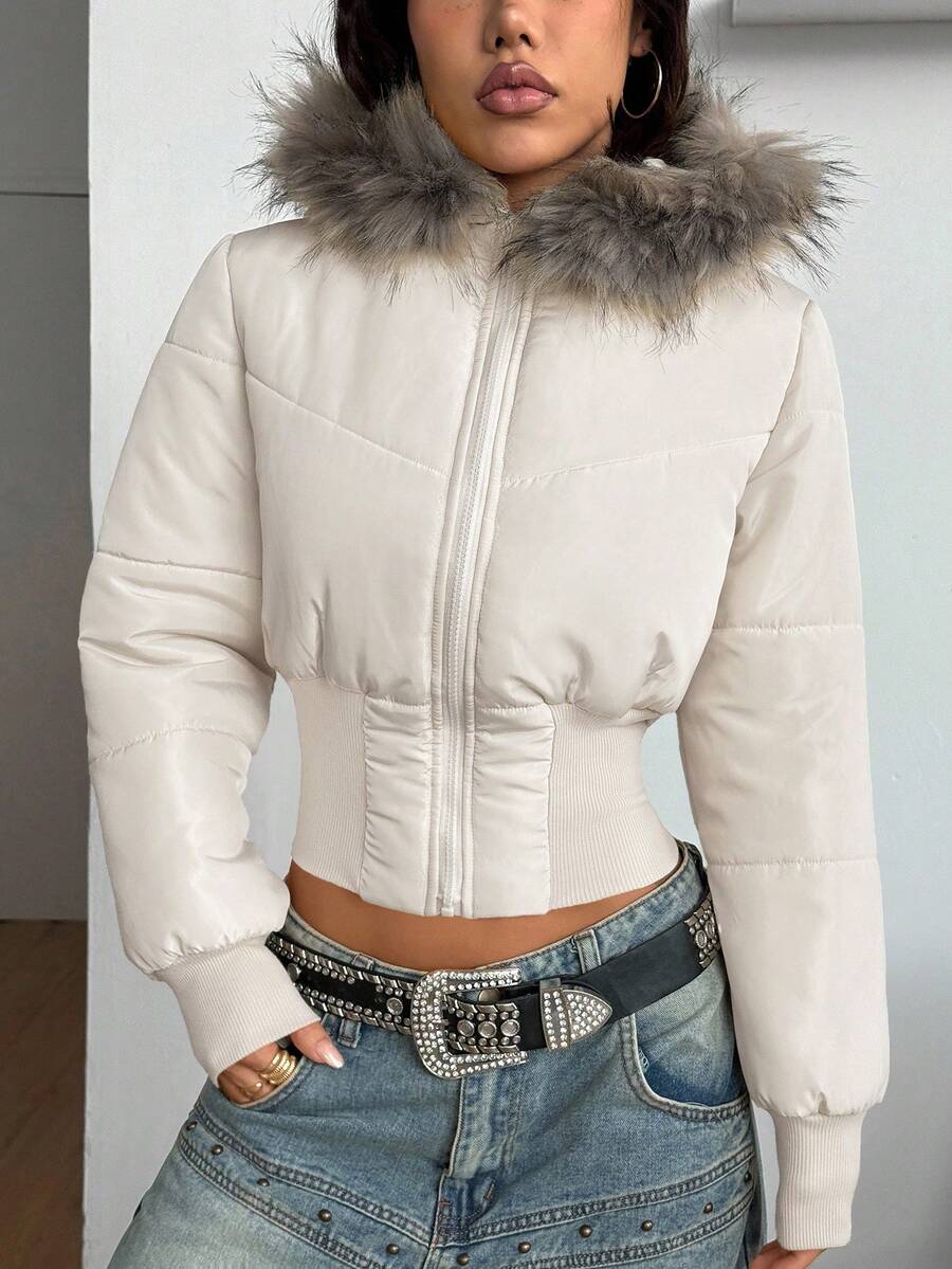 Coolane Women's Winter Streetwear Basic Daily Wear Quilted Coat With Flannelette Hat Brown Warm/ Cold Weather/ Thermal Crop Jacket