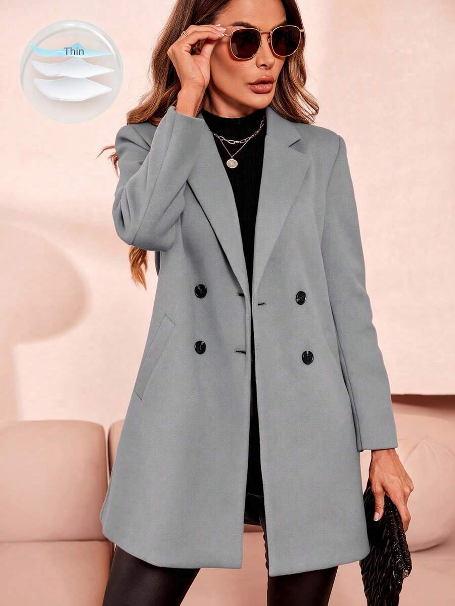 Clasi Women's Solid Color Double-Breasted Long Sleeve Woolen Windbreaker, Fashionable For Autumn/Winter