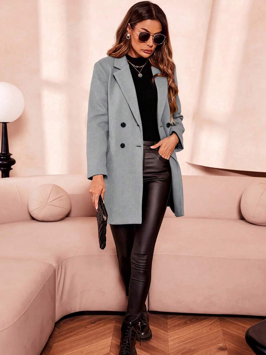 Clasi Women's Solid Color Double-Breasted Long Sleeve Woolen Windbreaker, Fashionable For Autumn/Winter