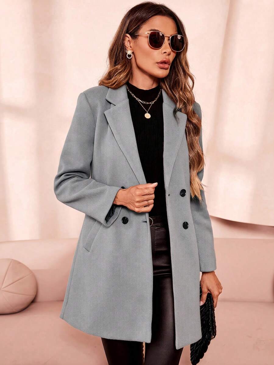 Clasi Women's Solid Color Double-Breasted Long Sleeve Woolen Windbreaker, Fashionable For Autumn/Winter