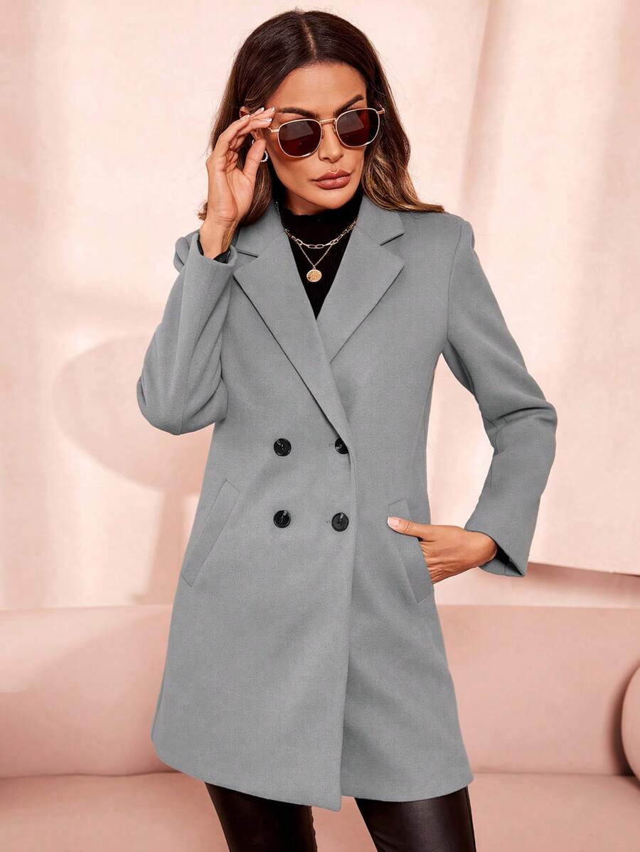 Clasi Women's Solid Color Double-Breasted Long Sleeve Woolen Windbreaker, Fashionable For Autumn/Winter