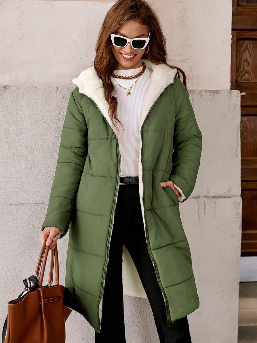 SHEIN Clasi Women Zip Up Hooded Teddy Lined Quilted Coat In Fall/Winter