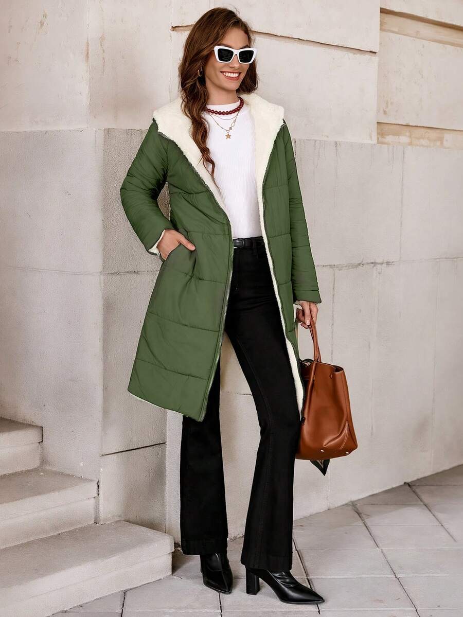 SHEIN Clasi Women Zip Up Hooded Teddy Lined Quilted Coat In Fall/Winter