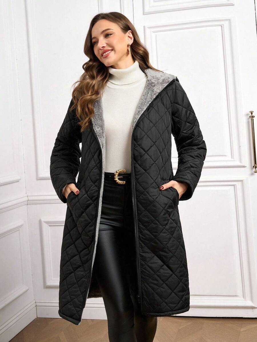 SHEIN Clasi Women Zip Up Hooded Teddy Lined Quilted Coat In Fall/Winter