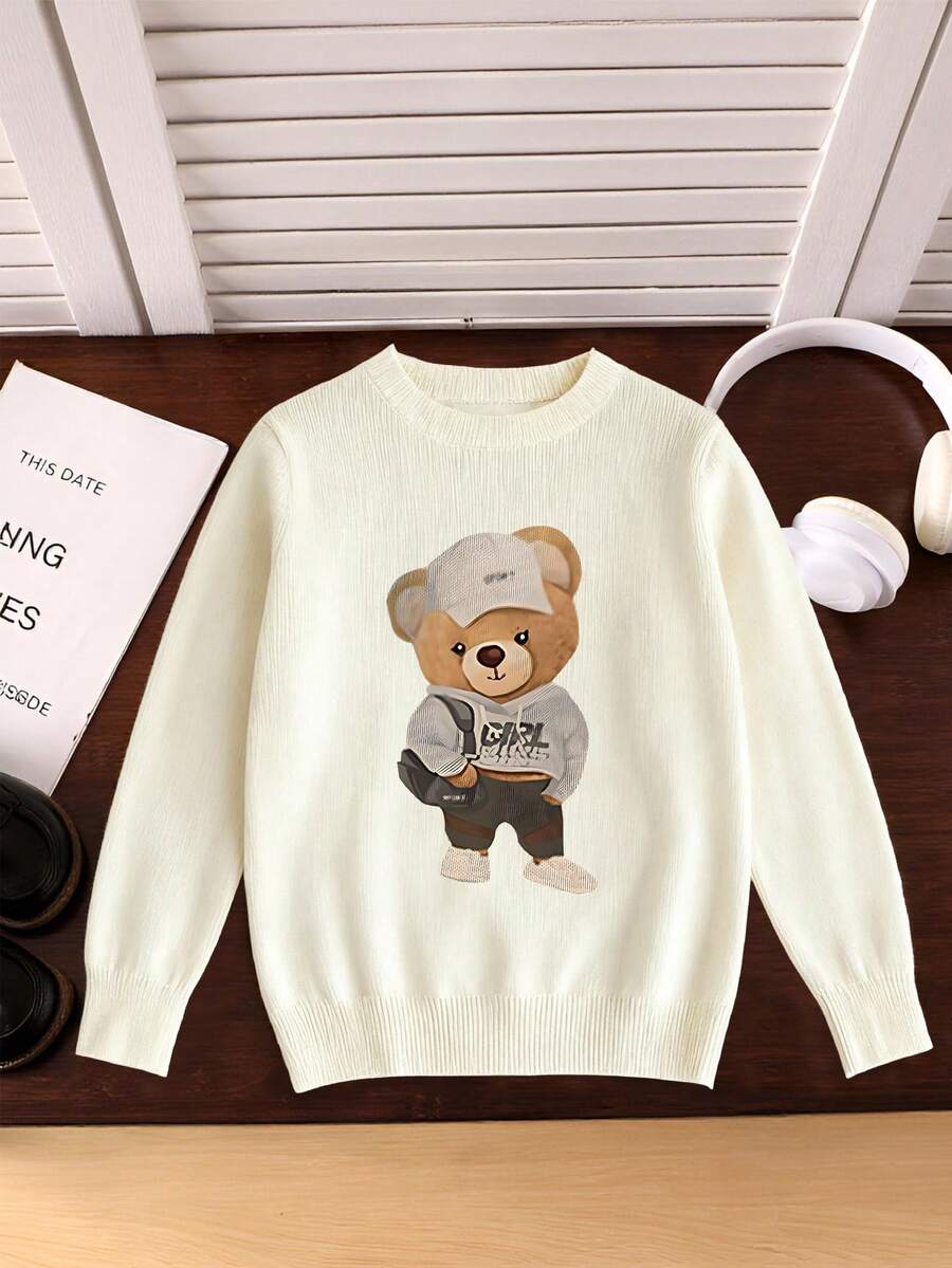 1pc Girls Casual Vintage Leopard Print Bow Graphic Long Sleeve Sweater, Suitable For Autumn/Winter Everyday Indoor