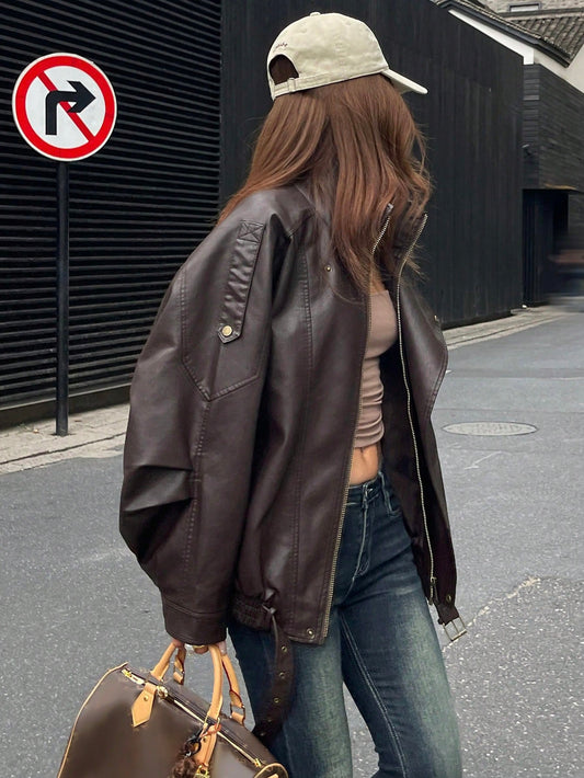 DAZY Women's Casual Loose Fit Faux Shearling Collar PU Leather Jacket, Autumn/Winter
