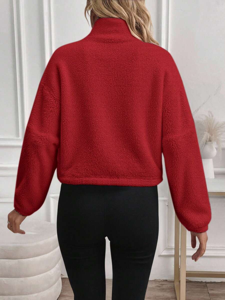SHEIN LUNE Women's Casual Minimalist Black Reversible Fleece Zip-Up Drawstring Long Sleeve Crew Neck Sweatshirt Jacket, Suitable For Autumn/Winter,Fall,Fall Clothes For Women