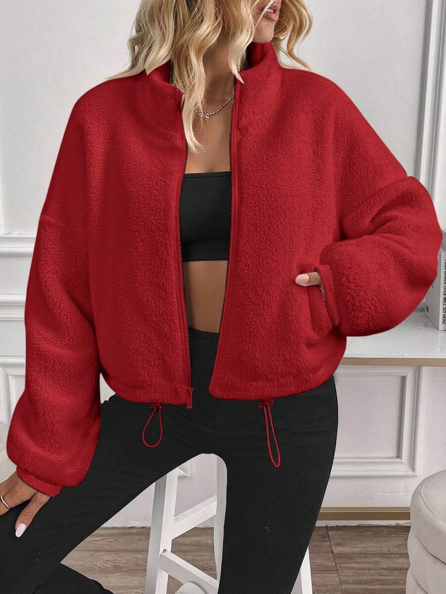 SHEIN LUNE Women's Casual Minimalist Black Reversible Fleece Zip-Up Drawstring Long Sleeve Crew Neck Sweatshirt Jacket, Suitable For Autumn/Winter,Fall,Fall Clothes For Women