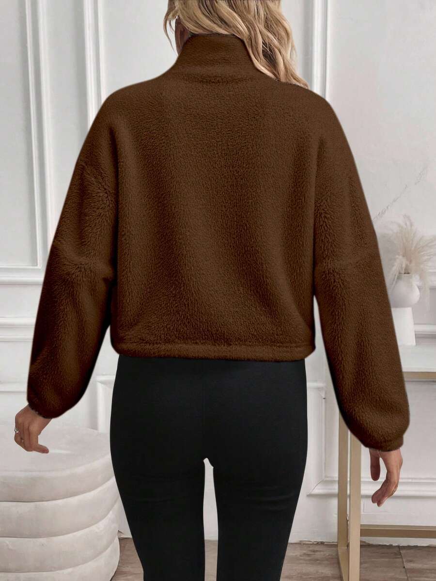 SHEIN LUNE Women's Casual Minimalist Black Reversible Fleece Zip-Up Drawstring Long Sleeve Crew Neck Sweatshirt Jacket, Suitable For Autumn/Winter,Fall,Fall Clothes For Women
