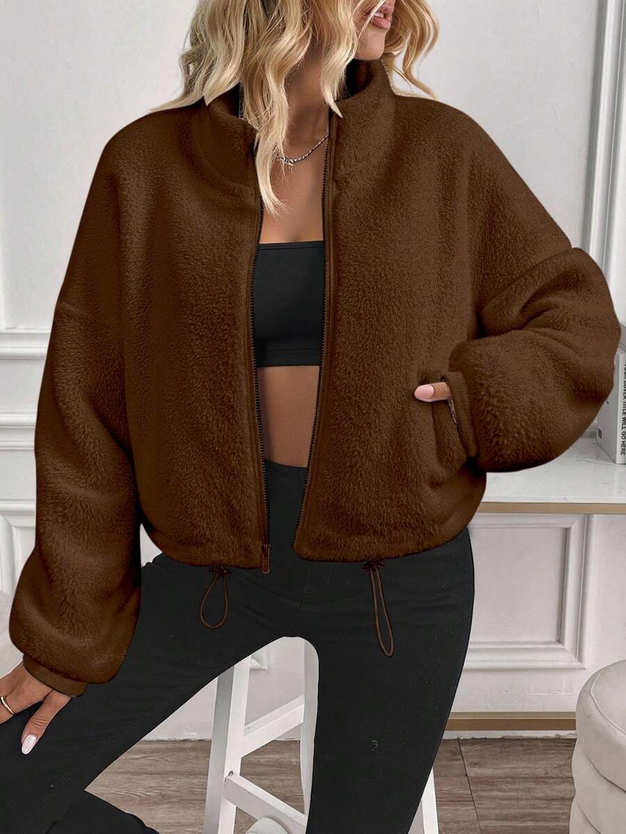 SHEIN LUNE Women's Casual Minimalist Black Reversible Fleece Zip-Up Drawstring Long Sleeve Crew Neck Sweatshirt Jacket, Suitable For Autumn/Winter,Fall,Fall Clothes For Women