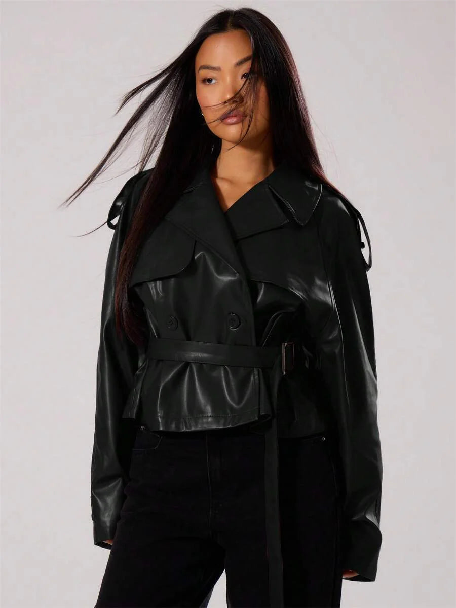 MUSERA PU Faux Leather Jacket Coat Tie Waist Cinched Pocket Detail Crop Trench Style Casual Everyday Winter Fall Autumn Outerwear Christmas