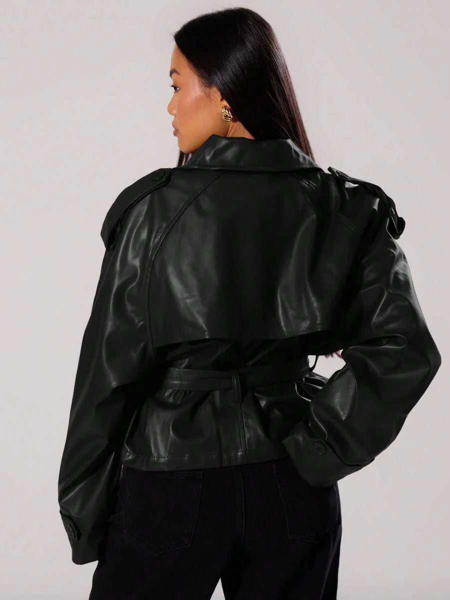 MUSERA PU Faux Leather Jacket Coat Tie Waist Cinched Pocket Detail Crop Trench Style Casual Everyday Winter Fall Autumn Outerwear Christmas