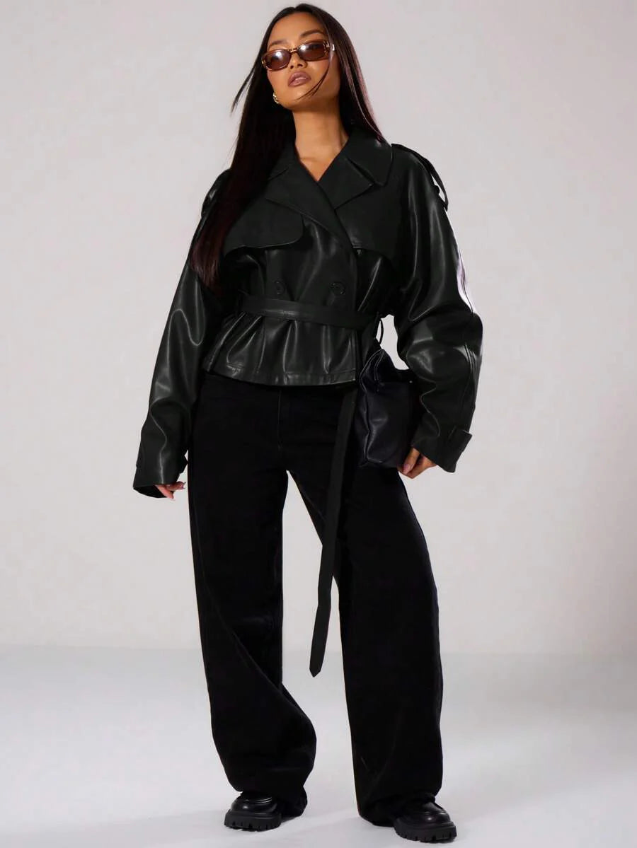 MUSERA PU Faux Leather Jacket Coat Tie Waist Cinched Pocket Detail Crop Trench Style Casual Everyday Winter Fall Autumn Outerwear Christmas