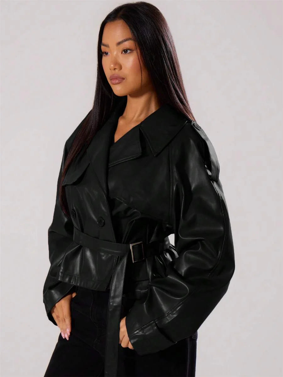 MUSERA PU Faux Leather Jacket Coat Tie Waist Cinched Pocket Detail Crop Trench Style Casual Everyday Winter Fall Autumn Outerwear Christmas