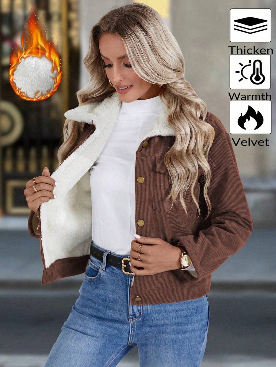 Louniche 1pc Solid Color Thermal Lined Front Zip Pocket Casual Long Sleeve Jacket Fall Winter Cloth For Women