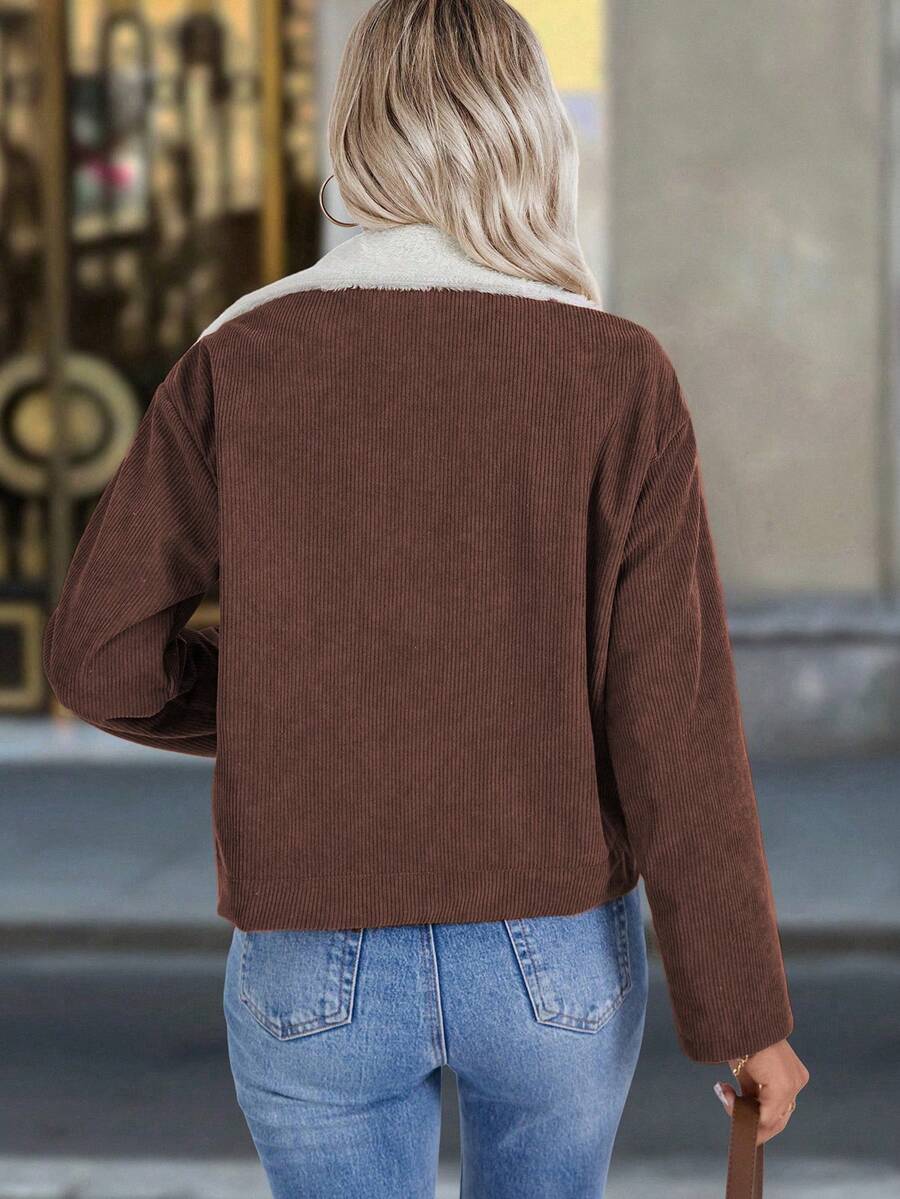 Louniche 1pc Solid Color Thermal Lined Front Zip Pocket Casual Long Sleeve Jacket Fall Winter Cloth For Women