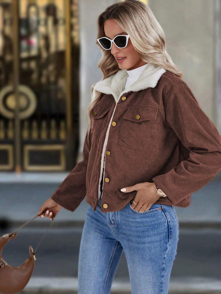 Louniche 1pc Solid Color Thermal Lined Front Zip Pocket Casual Long Sleeve Jacket Fall Winter Cloth For Women