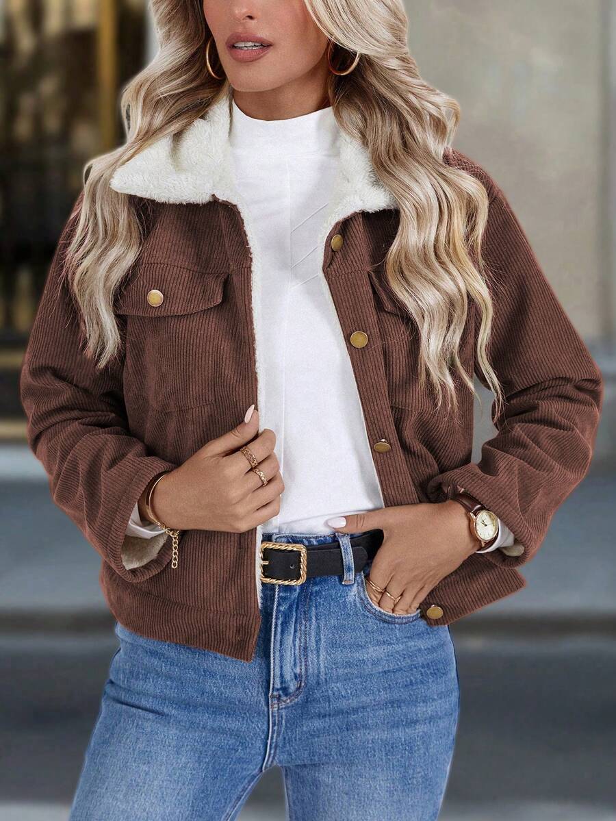 Louniche 1pc Solid Color Thermal Lined Front Zip Pocket Casual Long Sleeve Jacket Fall Winter Cloth For Women