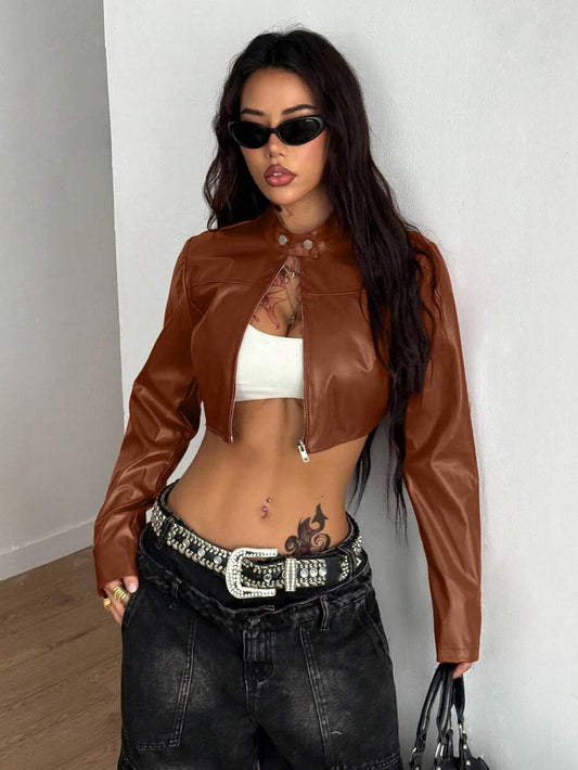 Coolane Women's Fall/Winter Streetwear Coachella Rave Outfit Hippie Athleisure Y2K Basic Leather Comfortable Zip Up Black Slim Fit Crop Long Sleeve Coat