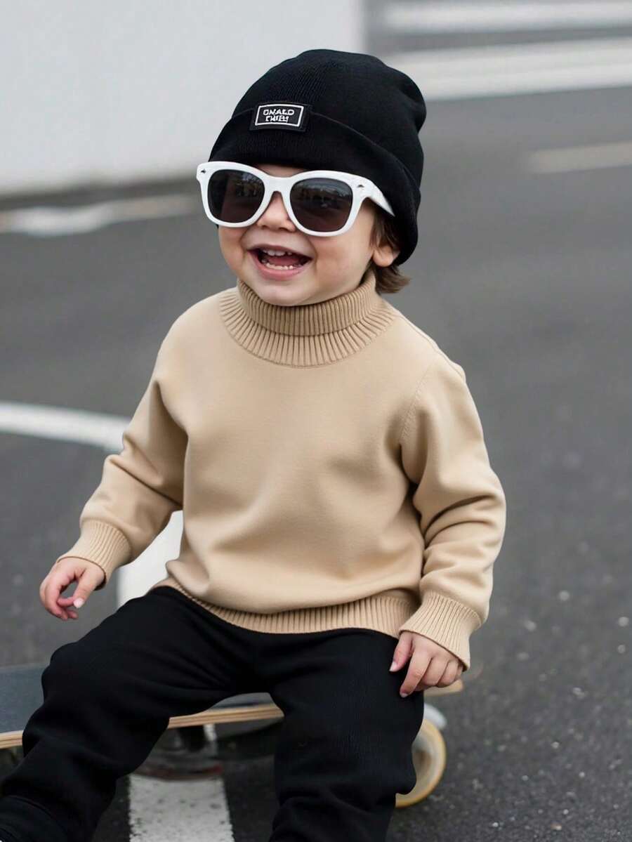 1pc Young Boys' Casual Comfortable Solid Color Versatile Loose Fit Turtleneck Sweater