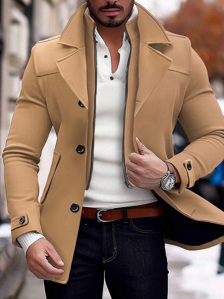 Manfinity Homme Men's Solid Color Long Sleeve Lapel Neck Casual Jacket, Autumn/Winter Black Jacket For Classy Elegant for Men Business Casual Men Black Dress Overcoat