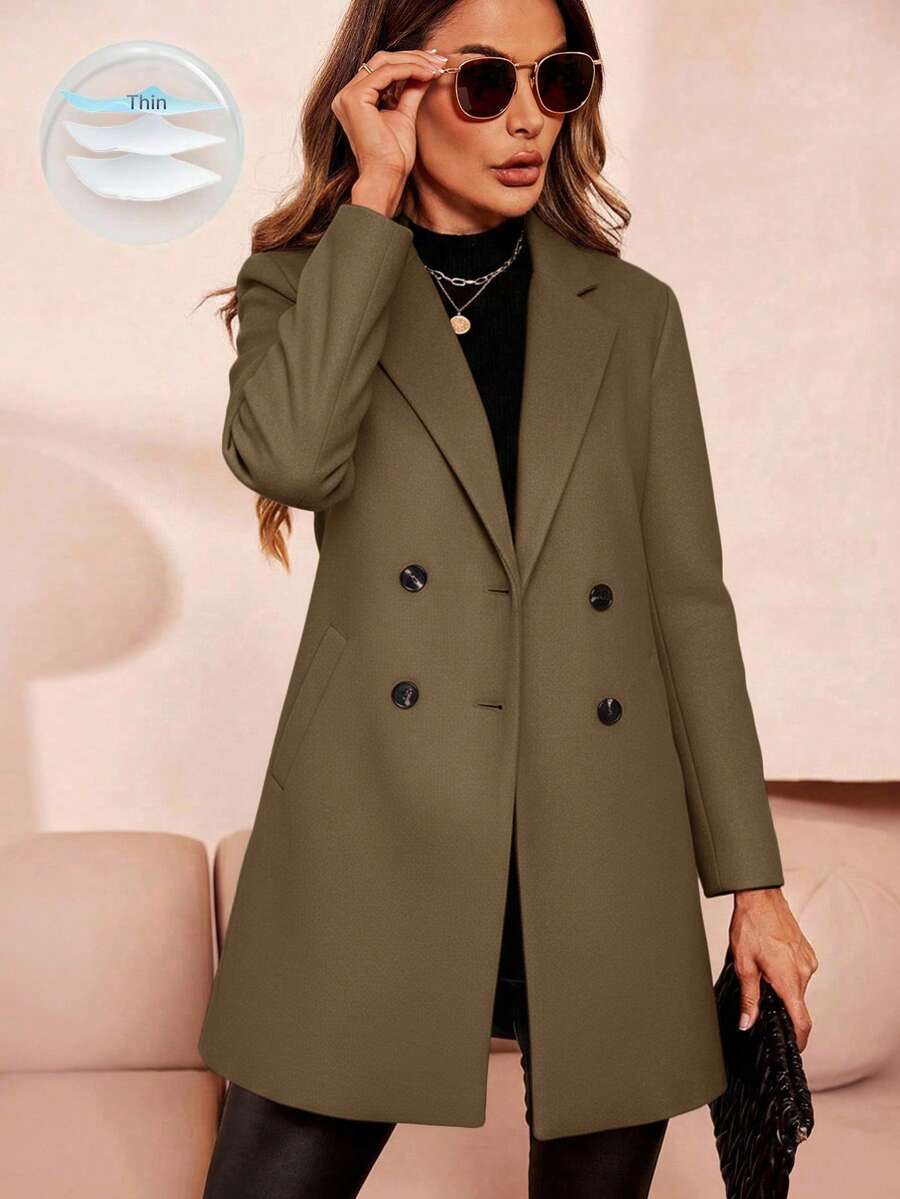 Clasi Women's Solid Color Double-Breasted Long Sleeve Woolen Windbreaker, Fashionable For Autumn/Winter