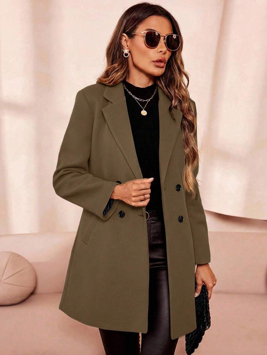 Clasi Women's Solid Color Double-Breasted Long Sleeve Woolen Windbreaker, Fashionable For Autumn/Winter