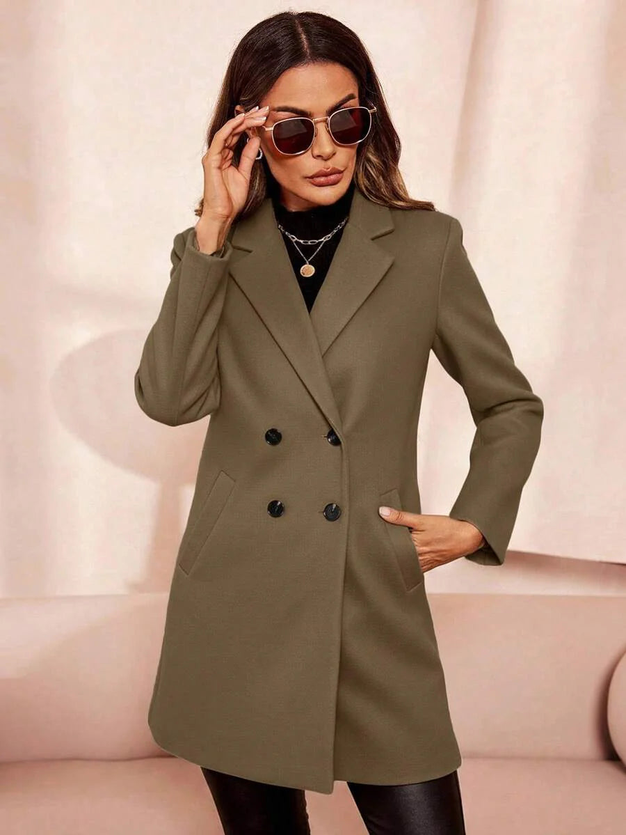 Clasi Women's Solid Color Double-Breasted Long Sleeve Woolen Windbreaker, Fashionable For Autumn/Winter
