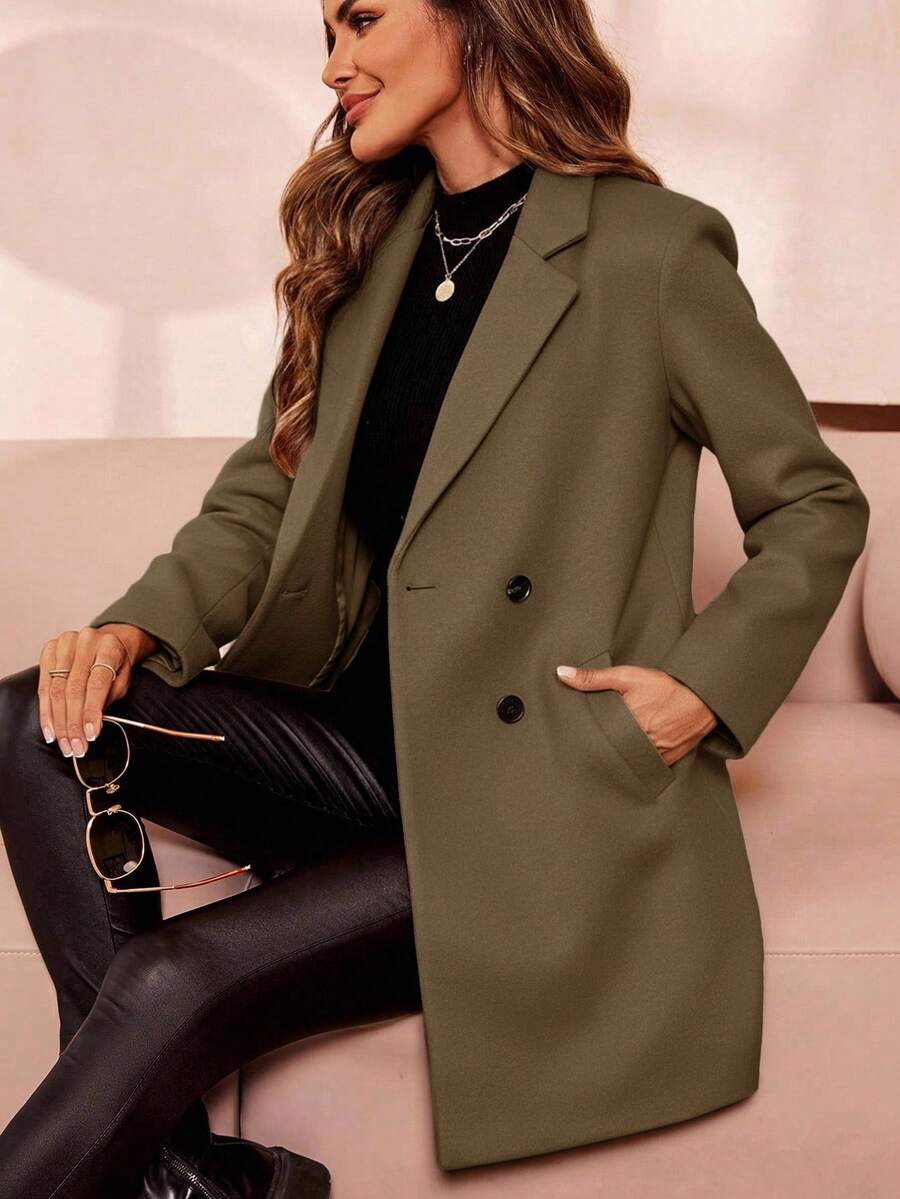 Clasi Women's Solid Color Double-Breasted Long Sleeve Woolen Windbreaker, Fashionable For Autumn/Winter
