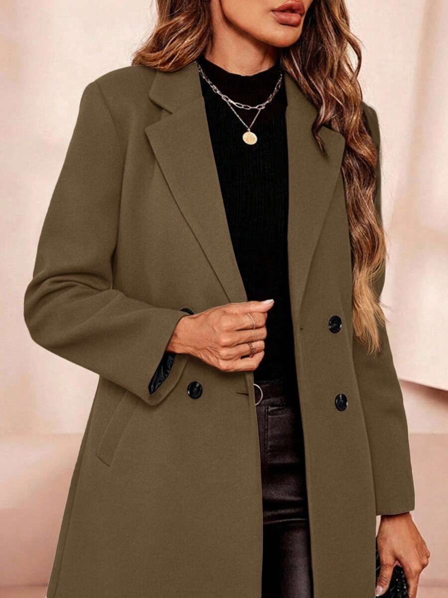Clasi Women's Solid Color Double-Breasted Long Sleeve Woolen Windbreaker, Fashionable For Autumn/Winter