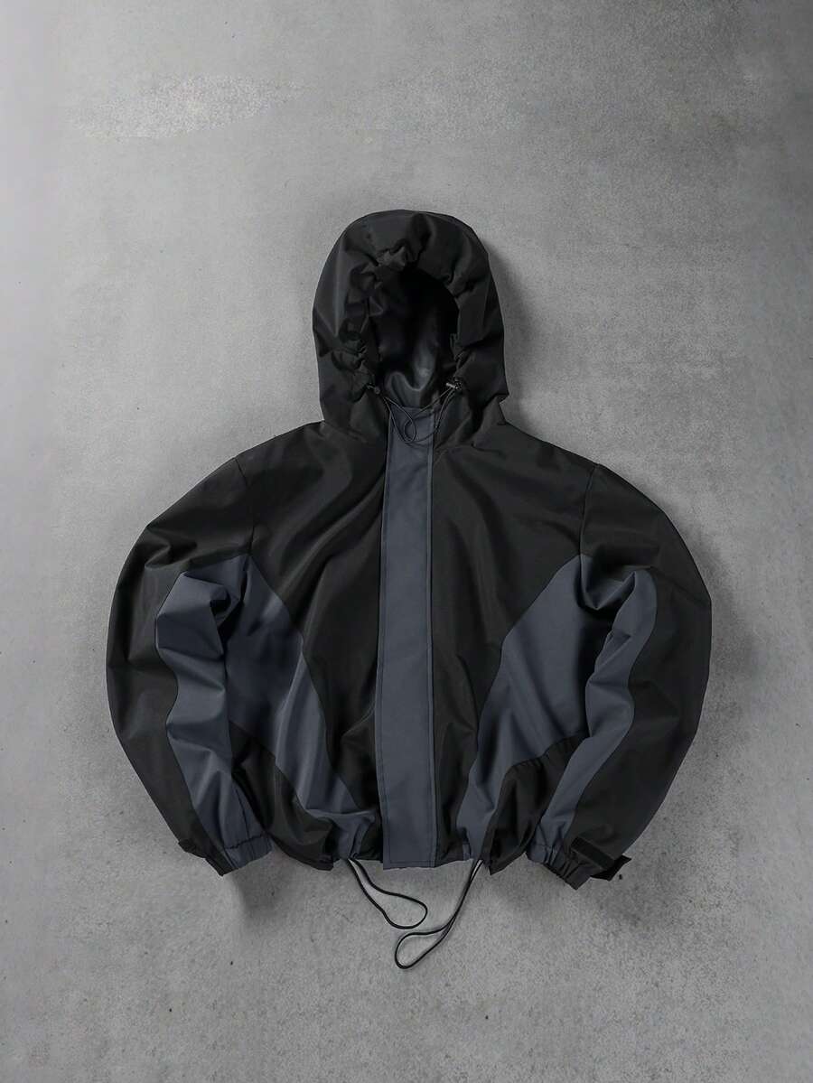 Manfinity Homme Loose Fit Men's Two Tone Letter Graphic Drawstring Hooded Outdoor Windbreaker Jacket, For Fall